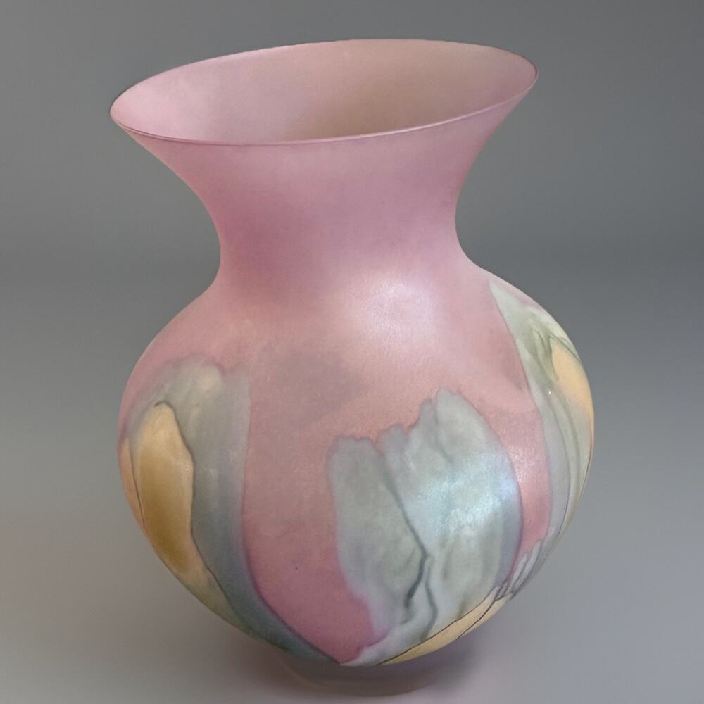 Vintage Rueven Satin Glass Hand Painted Drip Watercolor Art Nouveau Vase Pink - Picture 5 of 6